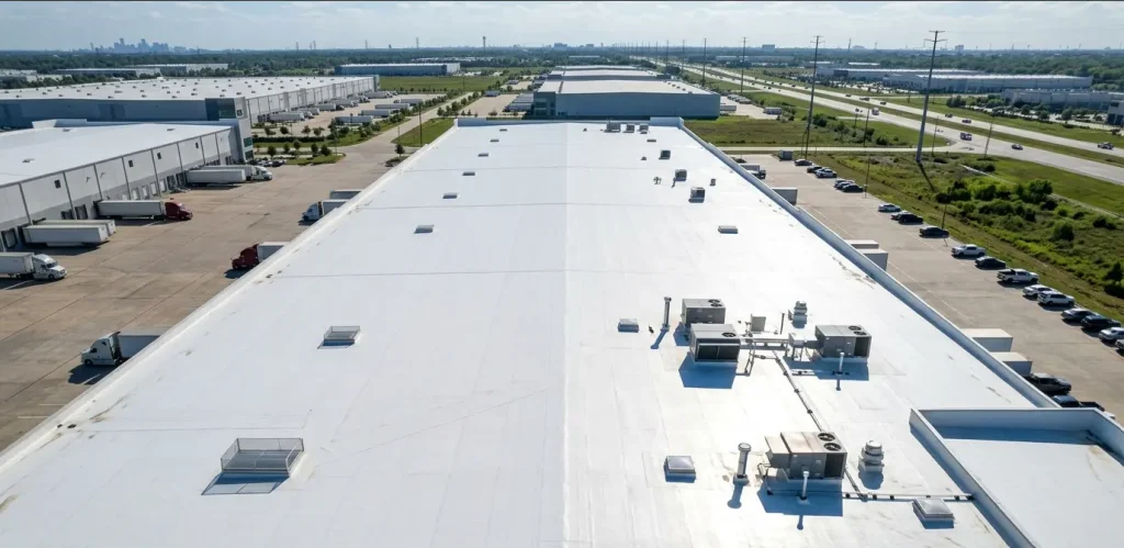 PVC roofing membrane installed on a commercial flat roof in Houston, TX