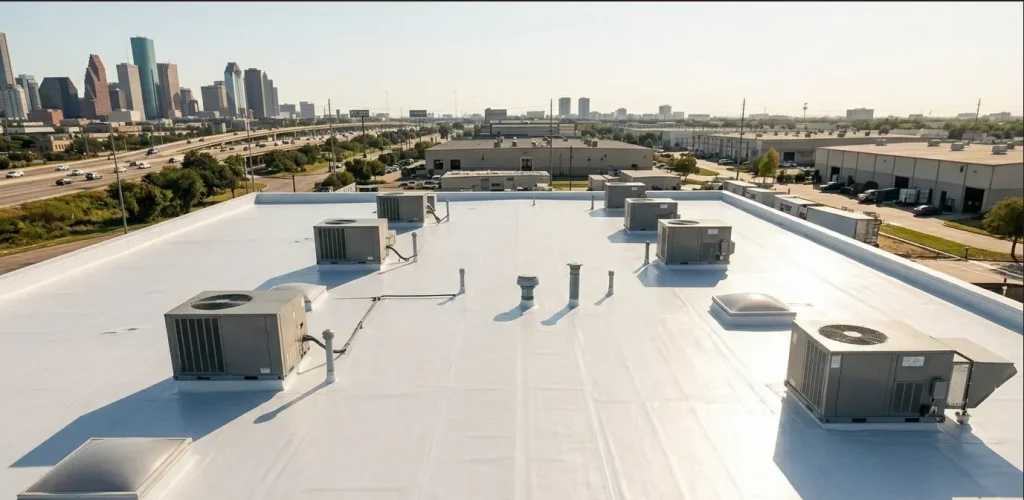 White TPO roofing membrane on a commercial flat roof with Houston skyline in the background