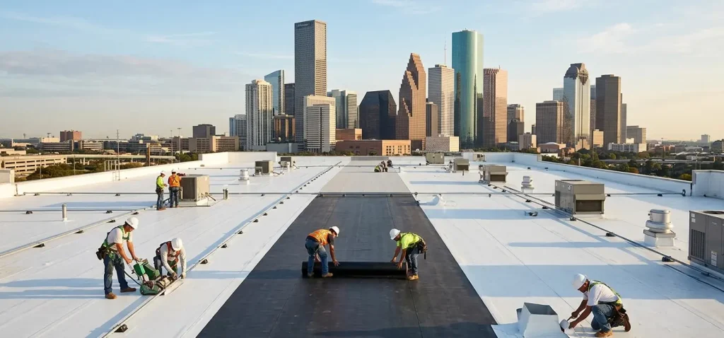 Commercial roofing contractors installing TPO and EPDM membrane on a flat roof with Houston skyline in the background