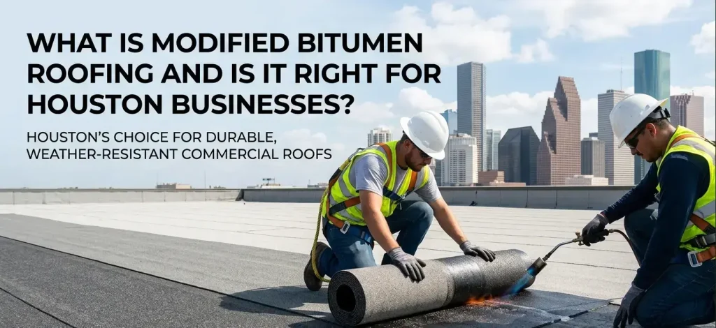 Modified bitumen roofing installation Houston commercial flat roof