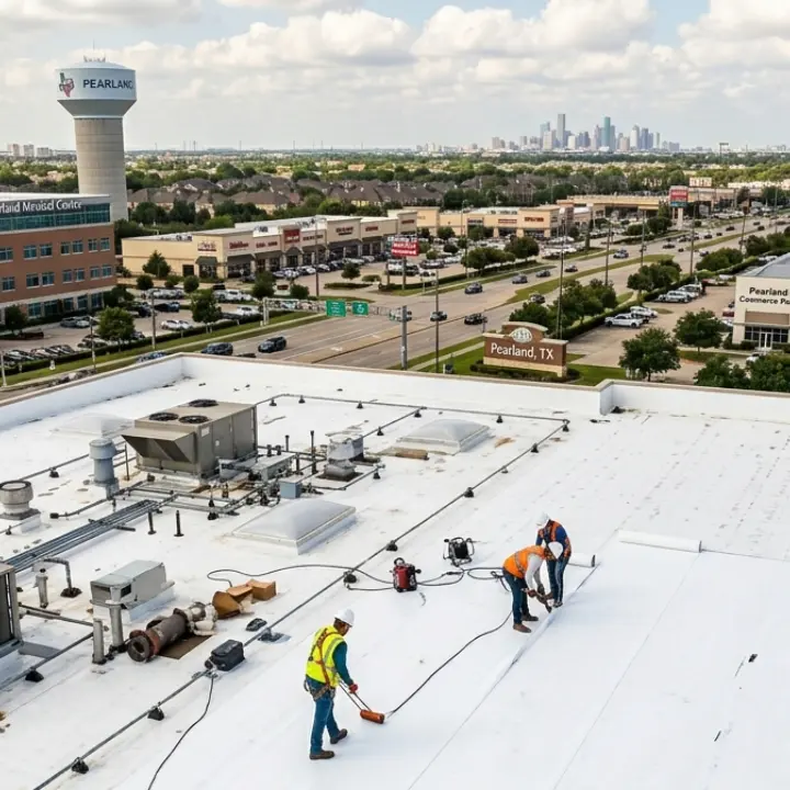 Commercial roofing in Pearland, TX on a flat commercial building.