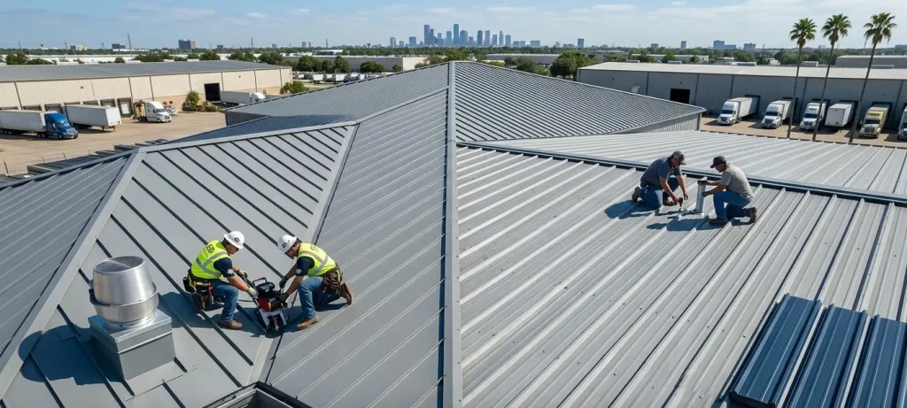 Installation of standing seam and exposed fastener metal roofing on a Houston commercial building..webp