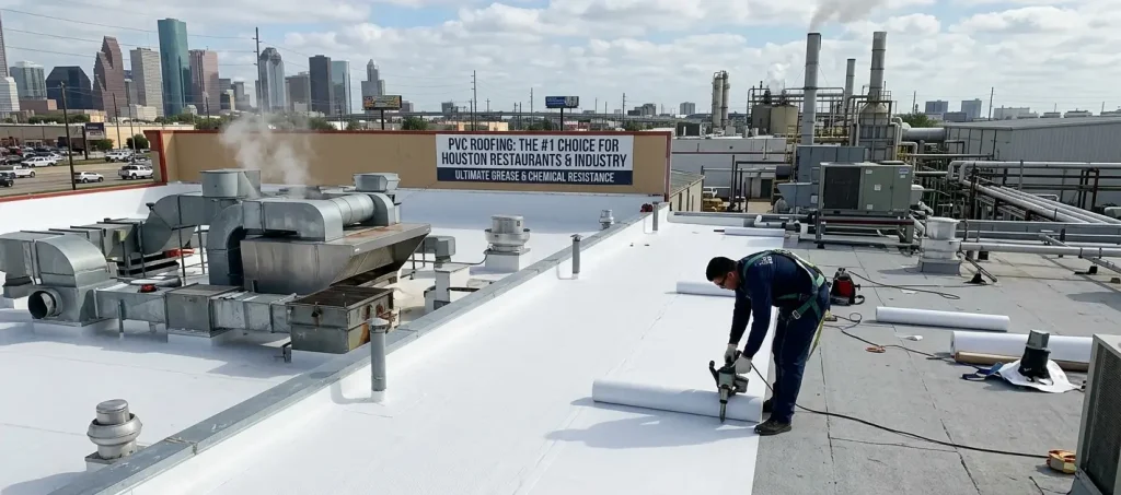 PVC roofing installation on a Houston restaurant and industrial facility building for durable, energy-efficient commercial roof protection.