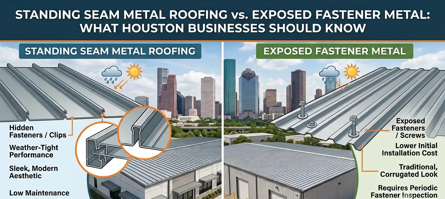 Standing Seam vs Exposed Fastener Metal Roof Houston comparison infographic for commercial buildings.