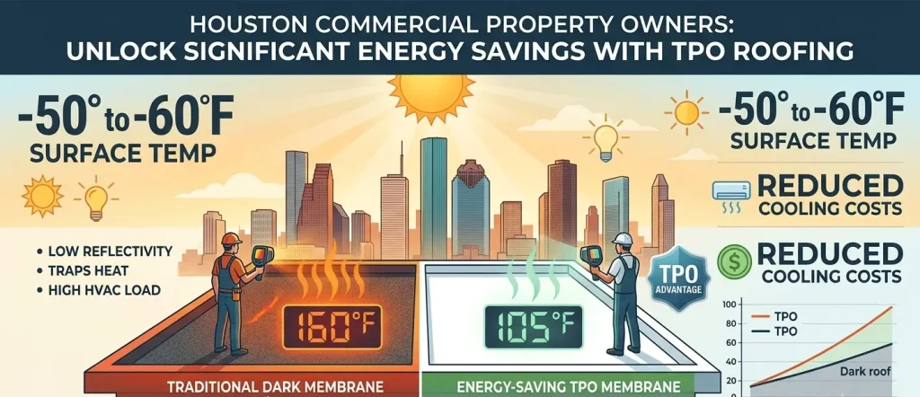 TPO Roofing Energy Savings Houston comparison showing a cool white TPO roof and a heat-absorbing dark roof.