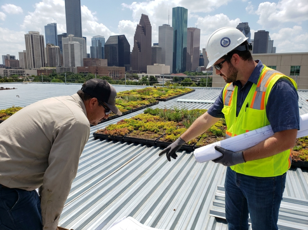 Engineer inspecting roof structure for green roof feasibility