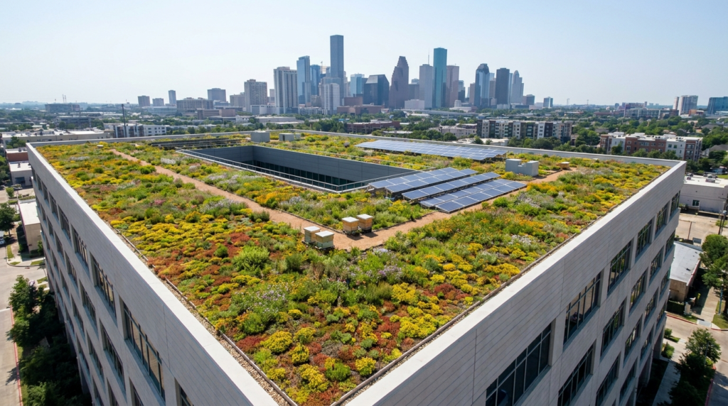 Green roofing system Houston on commercial building