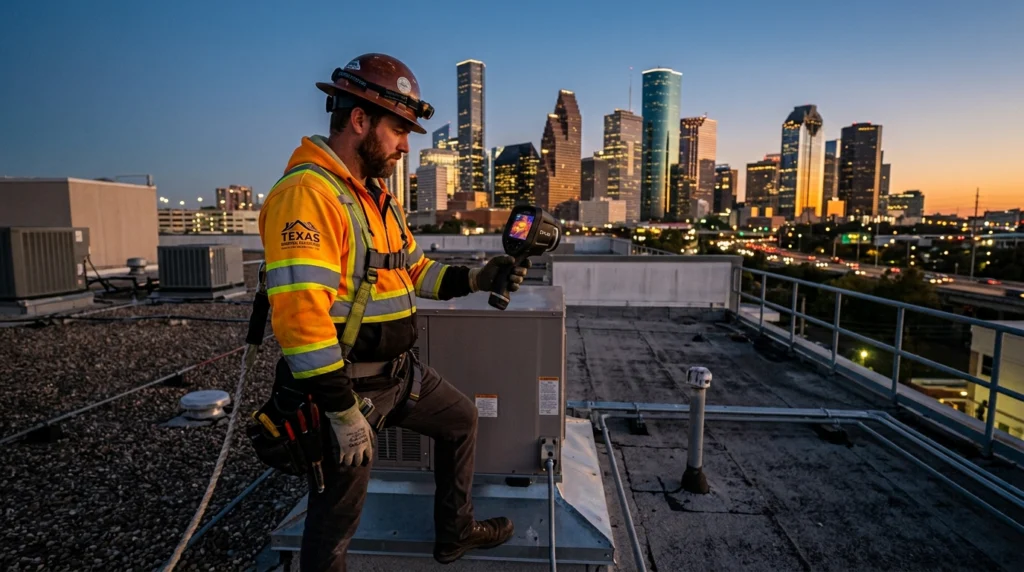 Thermal imaging leak detection on a Houston flat roof