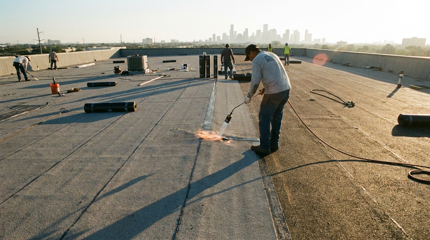 Modified bitumen APP vs SBS roofing installation in Houston
