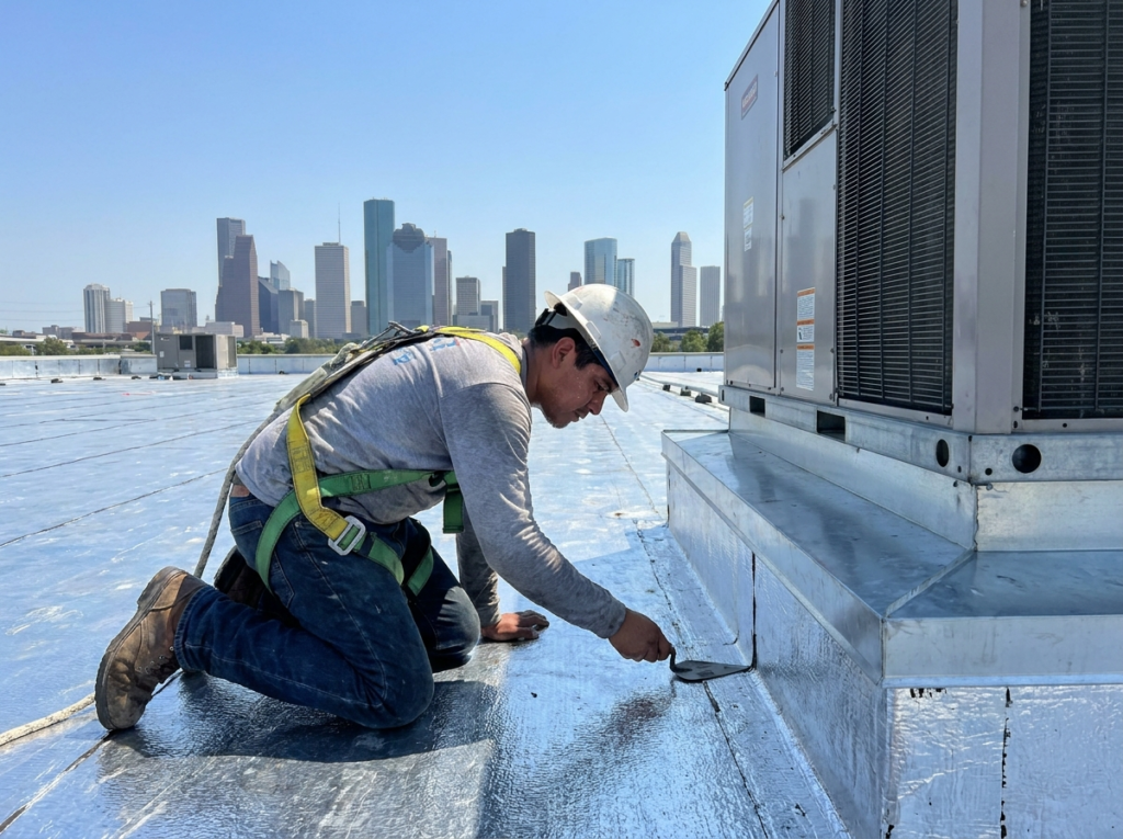 Houston roofer inspecting modified bitumen roof seams