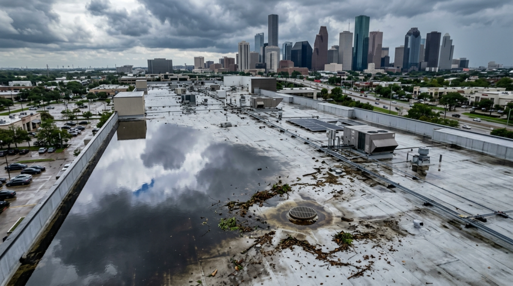 Ponding water on Houston commercial roof after storm