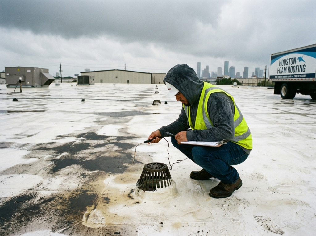 Houston contractor inspecting SPF roof drainage and coating