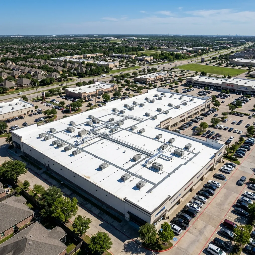 Aerial view of a commercial flat roof in Cypress, TX