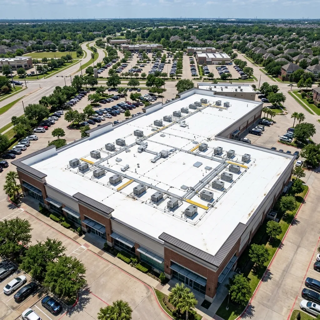 Aerial view of a commercial flat roof in Missouri City, TX