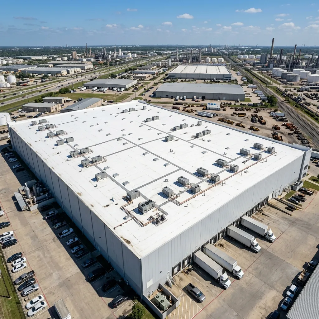 Aerial view of a commercial flat roof in Pasadena, TX