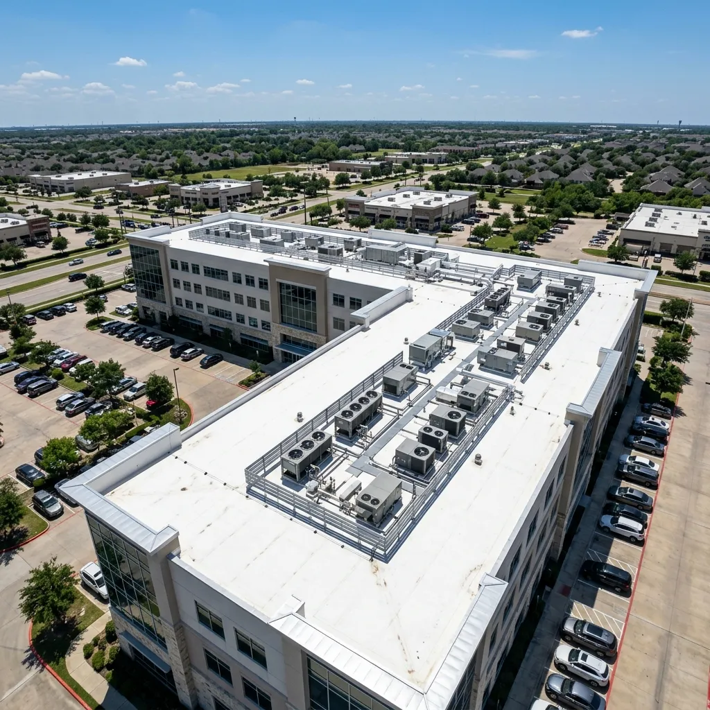 Aerial view of a commercial flat roof in Pearland, TX