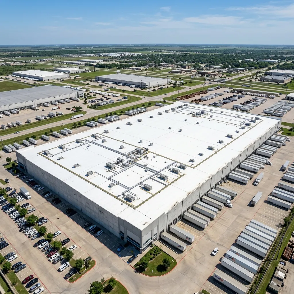 Aerial view of a commercial flat roof in Rosenberg, TX