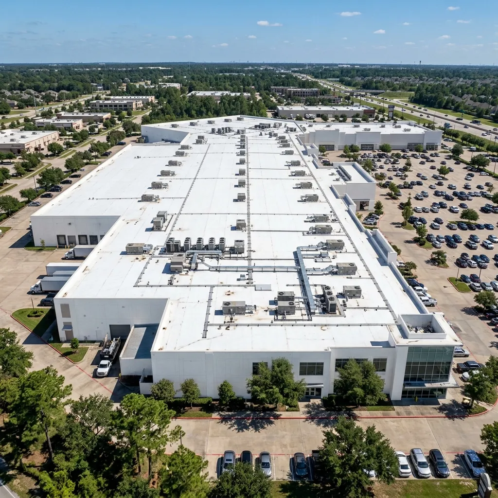 Aerial view of a commercial flat roof in Spring, TX