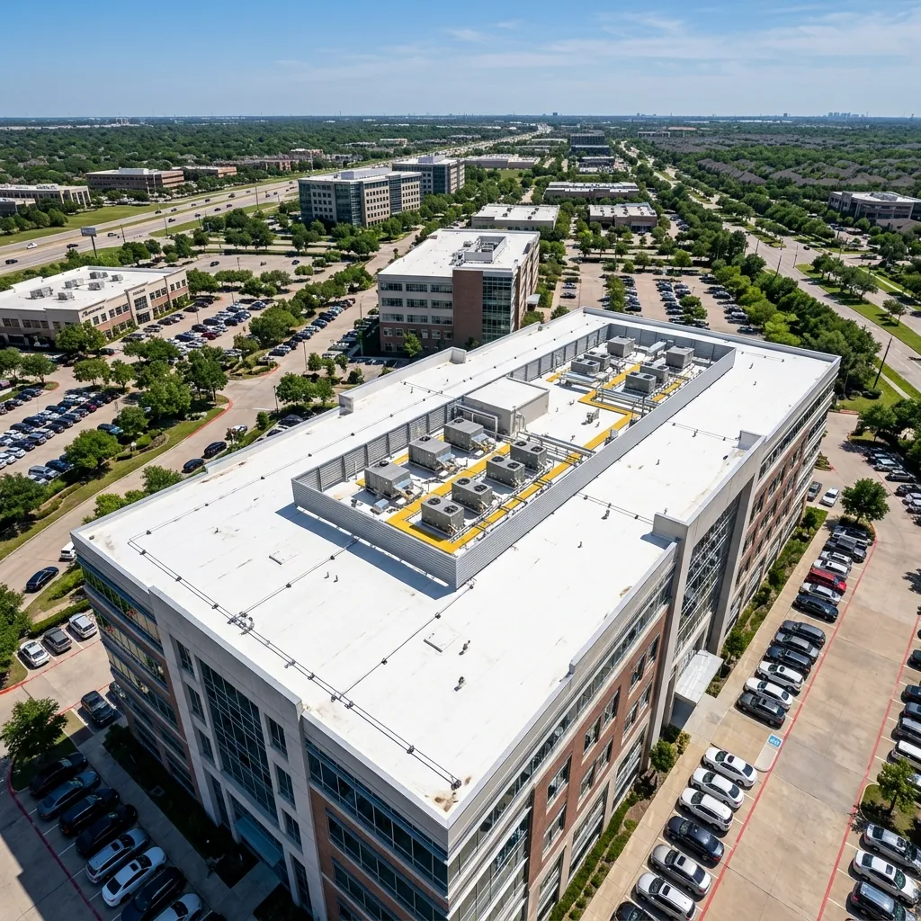 Aerial view of a commercial flat roof in Sugar Land, TX