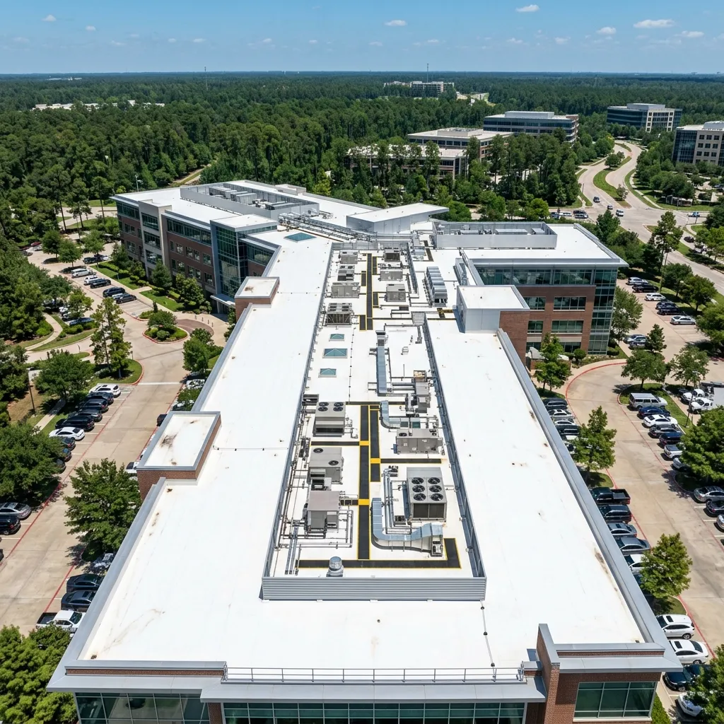 Aerial view of a commercial flat roof in The Woodlands, TX