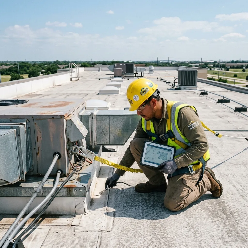 Roofer inspecting a commercial flat roof in Cypress, TX