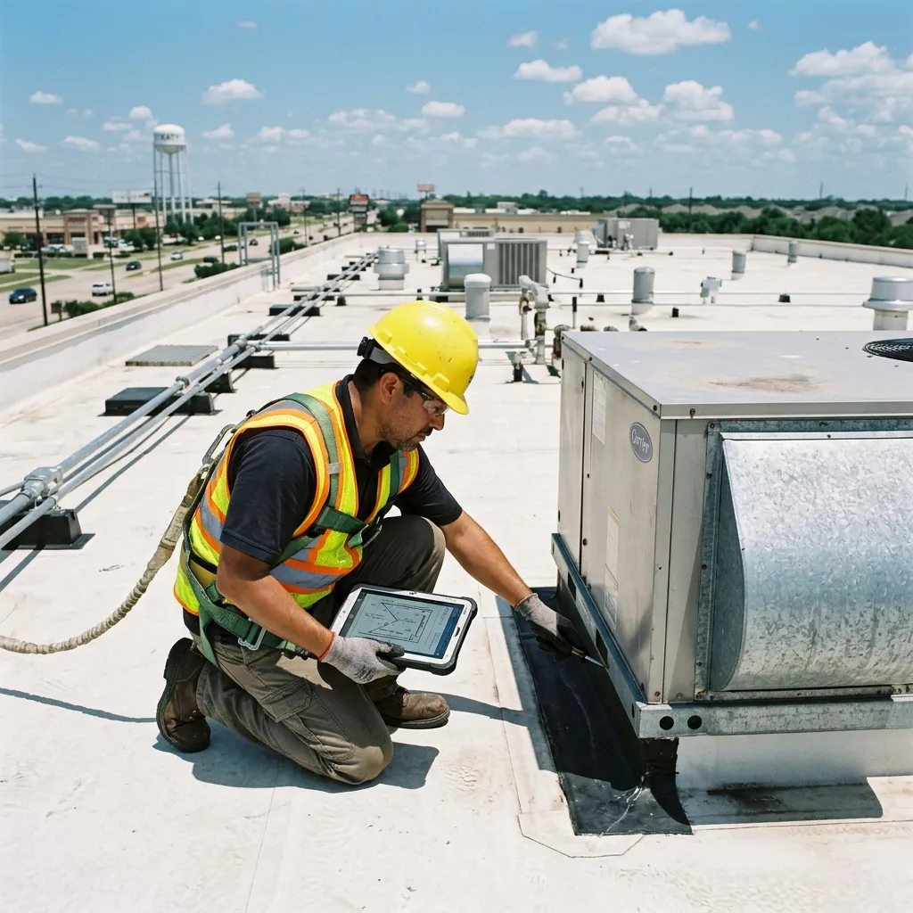 Roofer inspecting a commercial flat roof in Katy, TX
