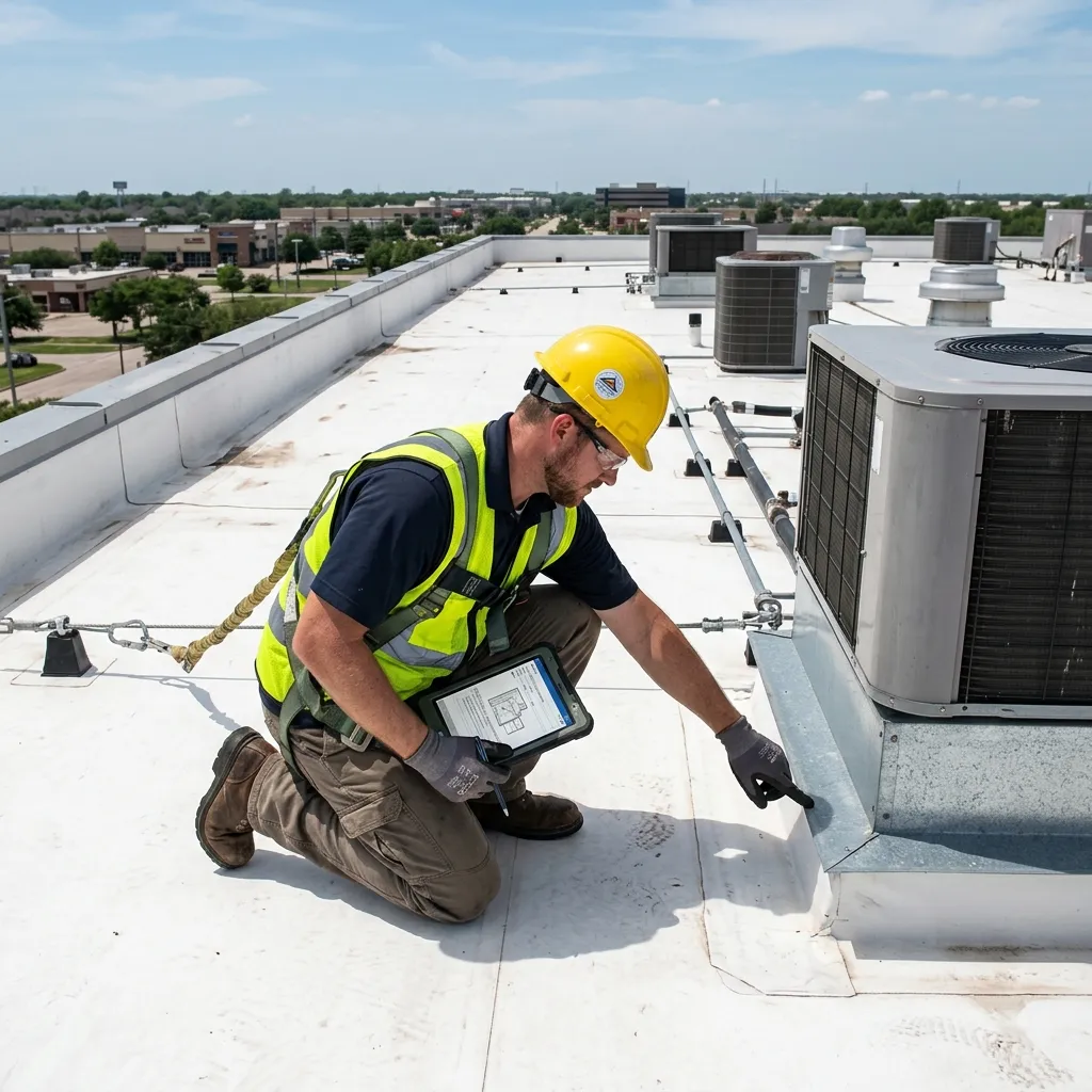 Roofer inspecting a commercial flat roof in Missouri City, TX