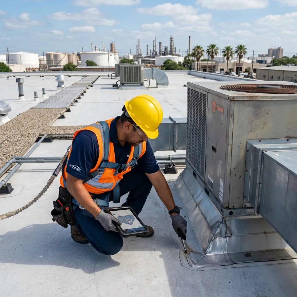 Roofer inspecting a commercial flat roof in Pasadena, TX
