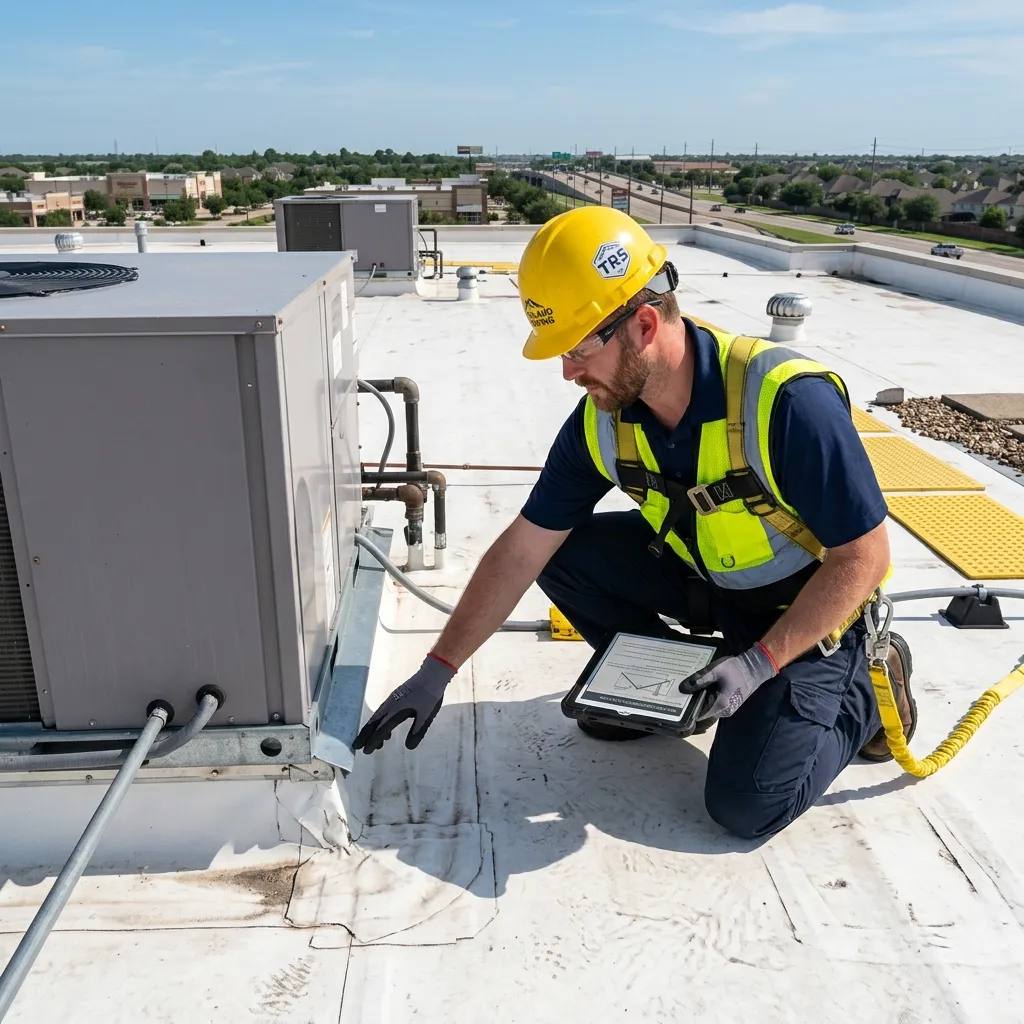 Roofer inspecting a commercial flat roof in Pearland, TX