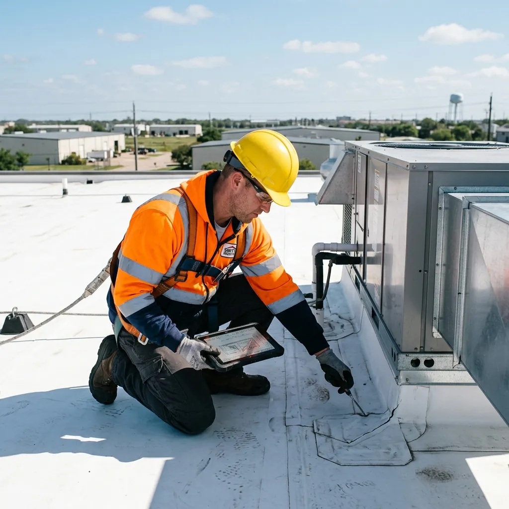 Roofer inspecting a commercial flat roof in Rosenberg, TX