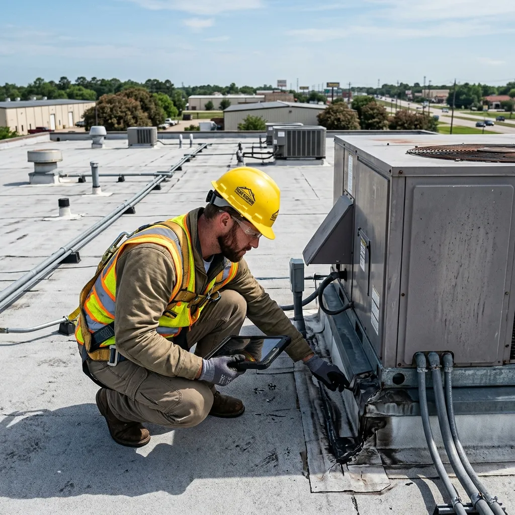 Roofer inspecting a commercial flat roof in Spring, TX