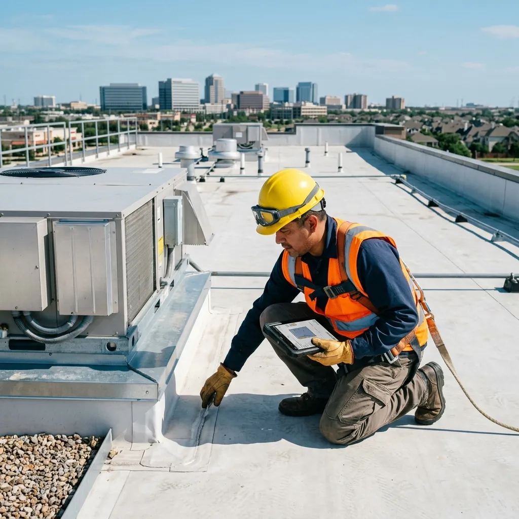 Roofer inspecting a commercial flat roof in Sugar Land, TX