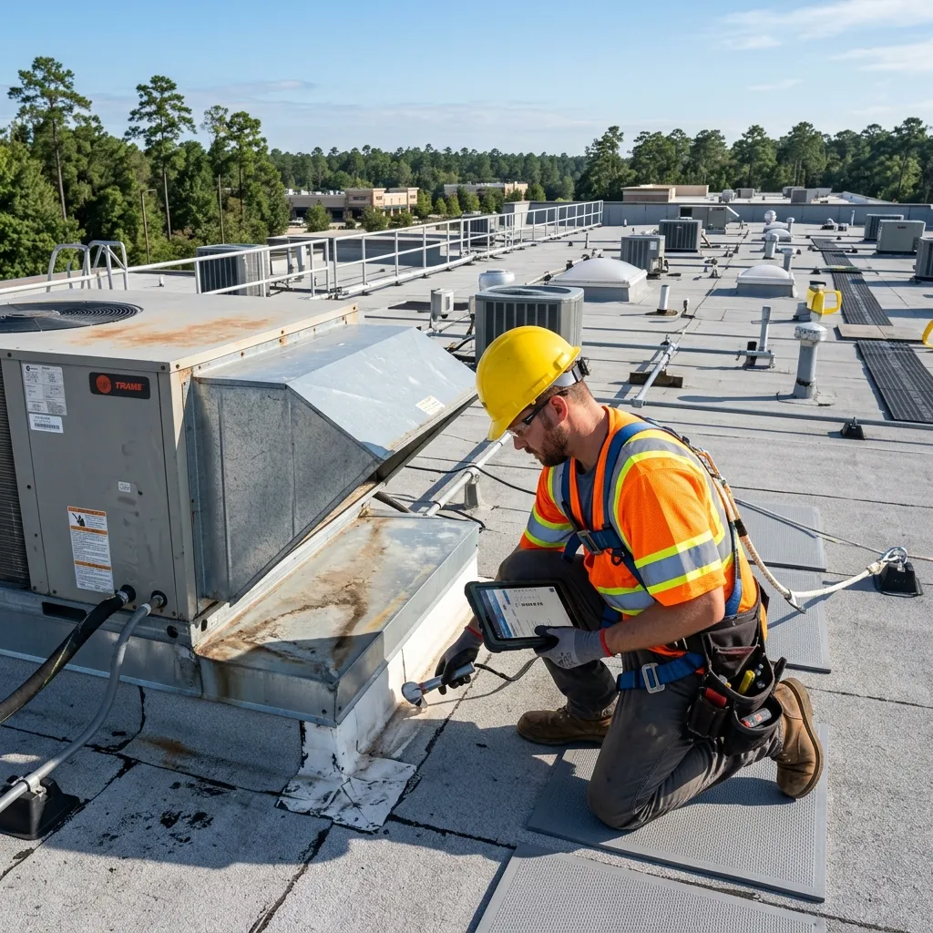 Roofer inspecting a commercial flat roof in The Woodlands, TX