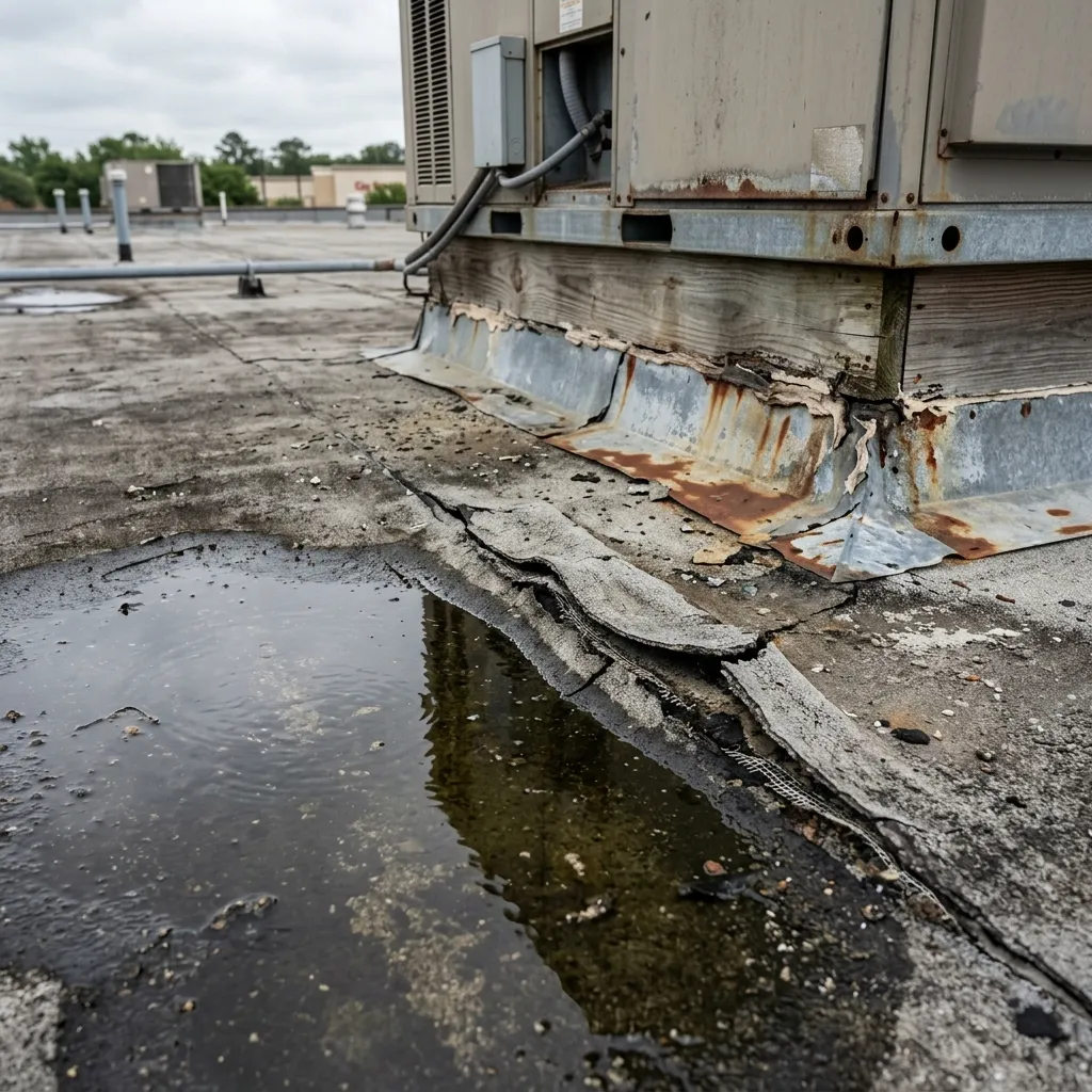 Commercial roof damage and ponding water in Cypress, TX