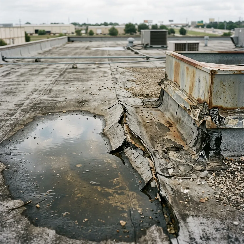 Commercial roof damage and ponding water in Katy, TX