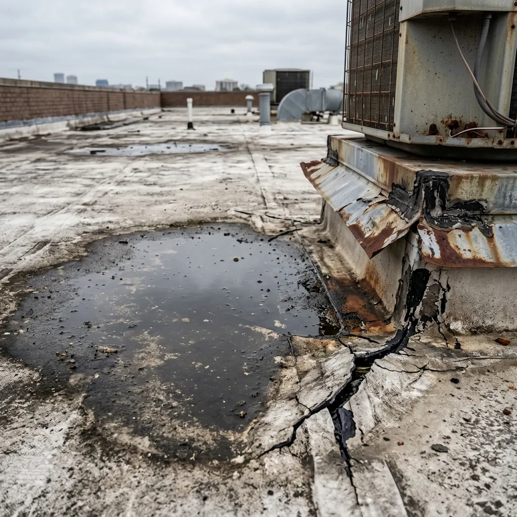 Commercial roof damage and ponding water in Missouri City, TX
