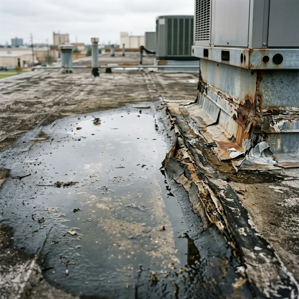 Commercial roof damage and ponding water in Pasadena, TX