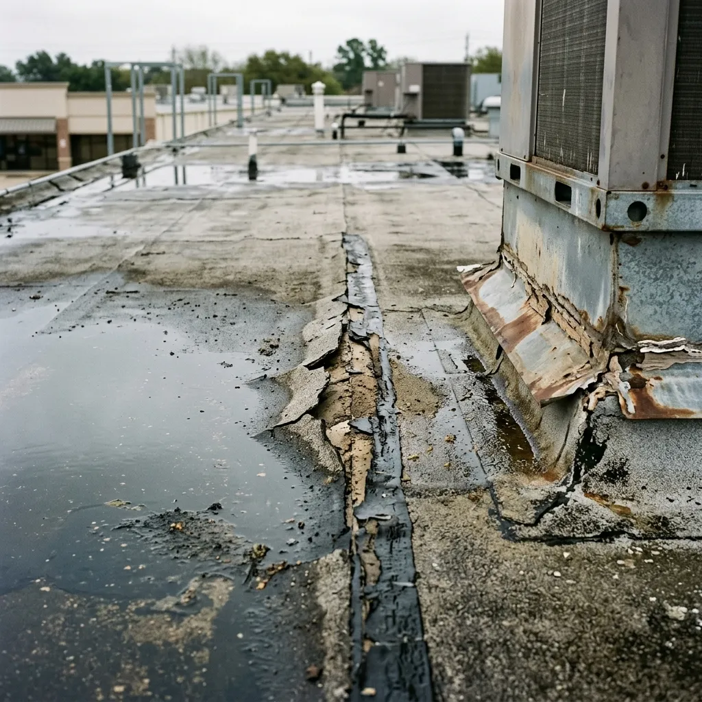 Commercial roof damage and ponding water in Pearland, TX