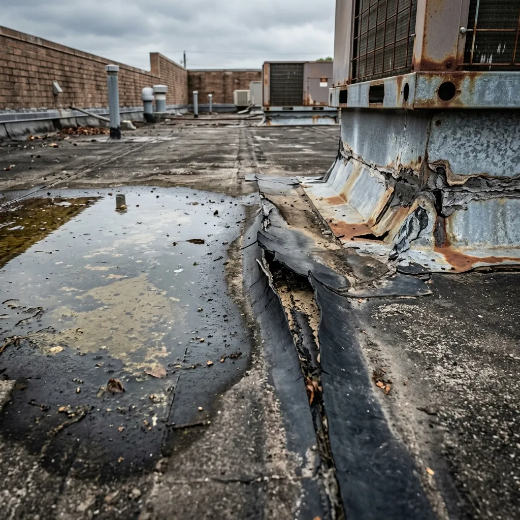 Commercial roof damage and ponding water in Rosenberg, TX
