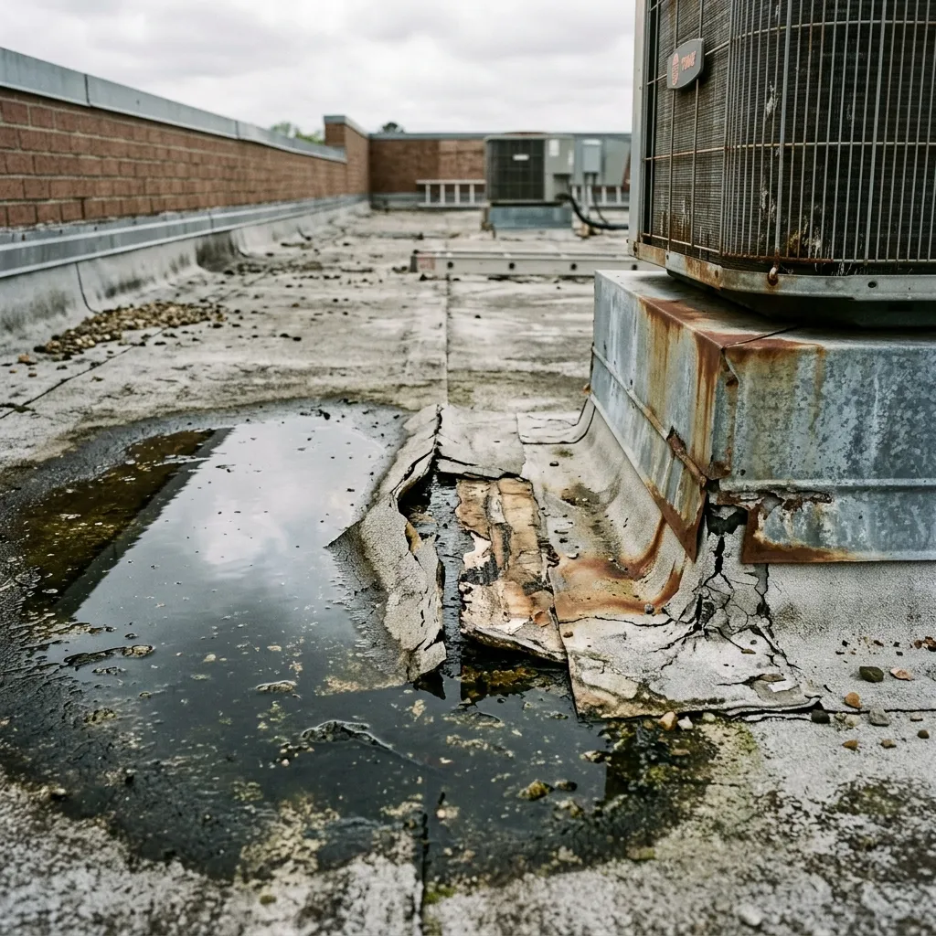 Commercial roof damage and ponding water in Spring, TX