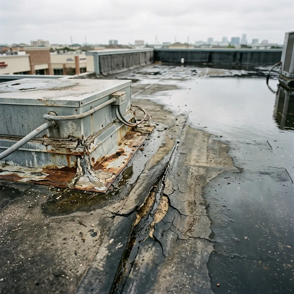 Commercial roof damage and ponding water in Sugar Land, TX