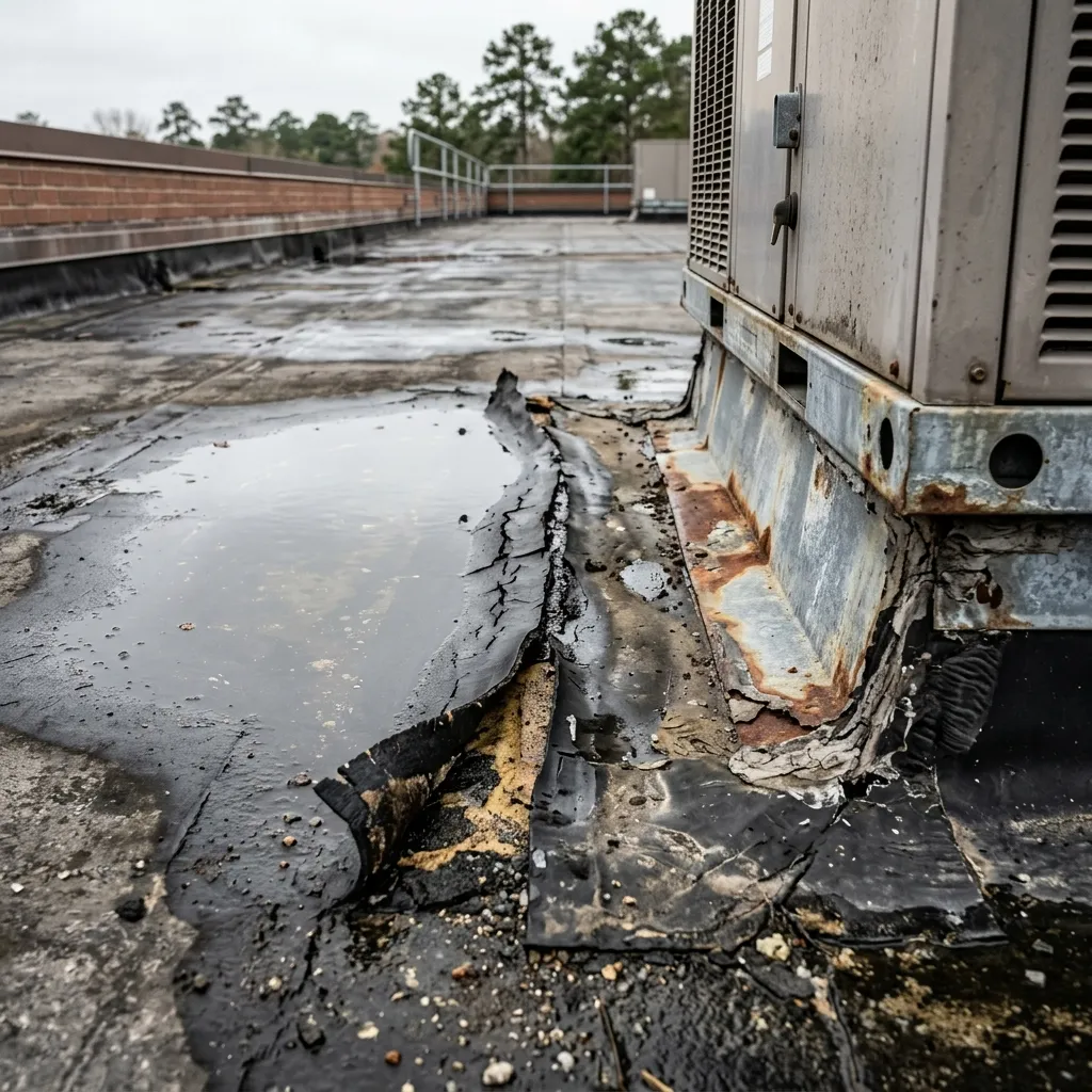 Commercial roof damage and ponding water in The Woodlands, TX