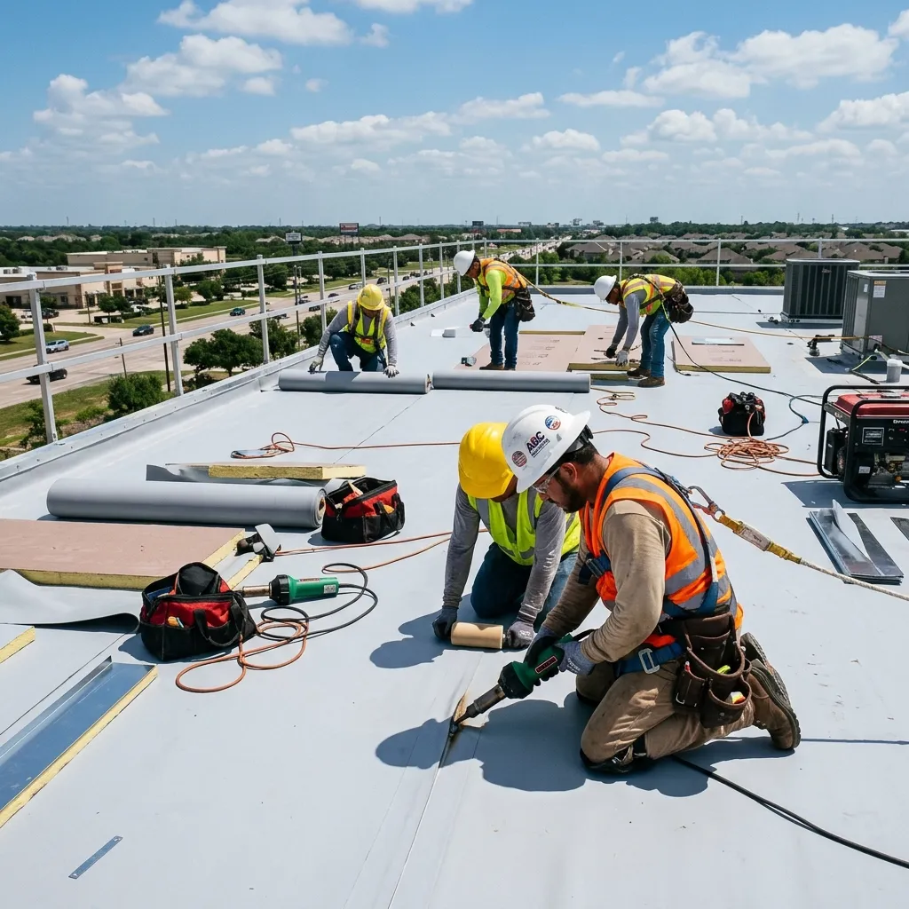 Commercial roofing crew installing a flat roof in Cypress, TX