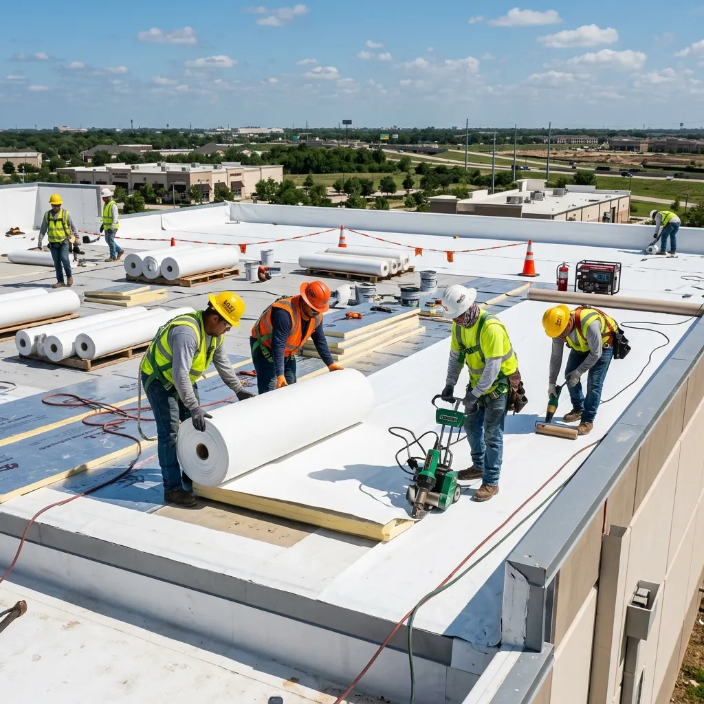 Commercial roofing crew installing a flat roof in Katy, TX
