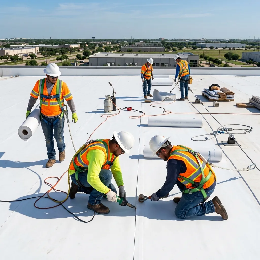 Commercial roofing crew installing a flat roof in Missouri City, TX