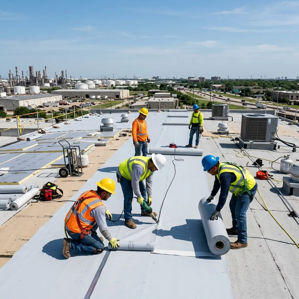 Commercial roofing crew installing a flat roof in Pasadena, TX