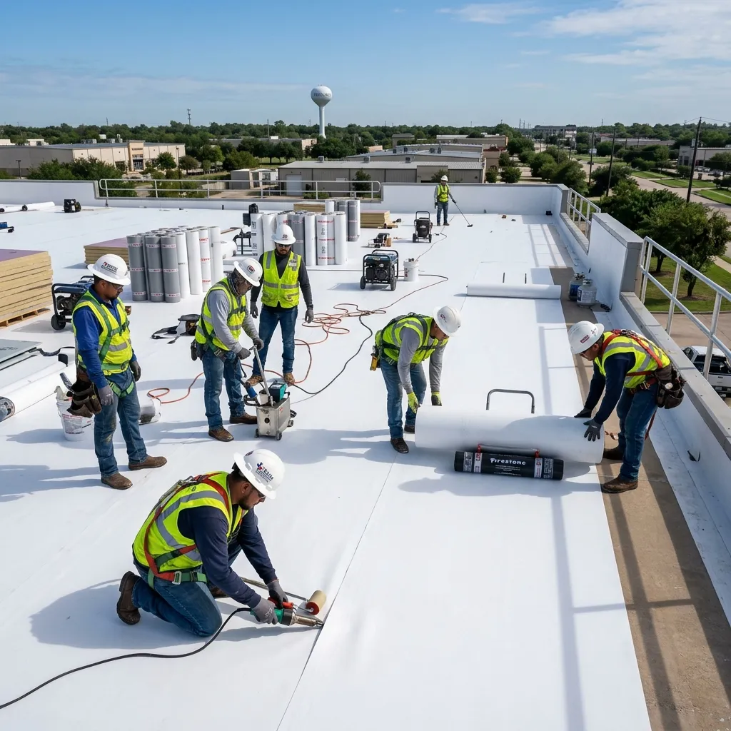 Commercial roofing crew installing a flat roof in Pearland, TX
