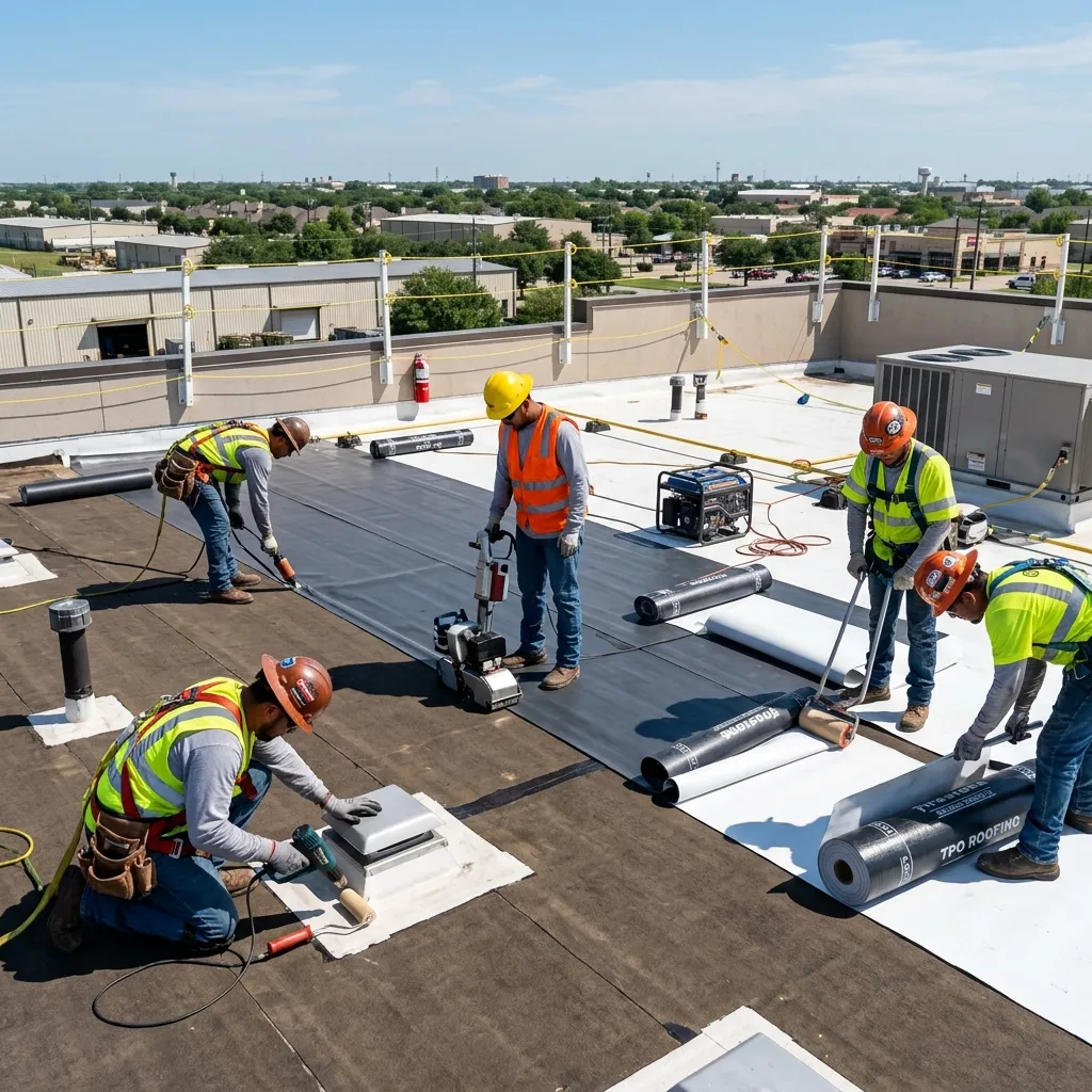 Commercial roofing crew installing a flat roof in Rosenberg, TX