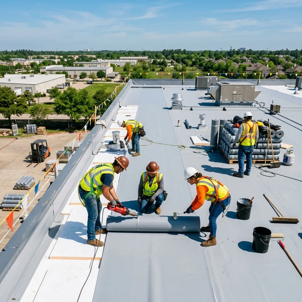 Commercial roofing crew installing a flat roof in Spring, TX
