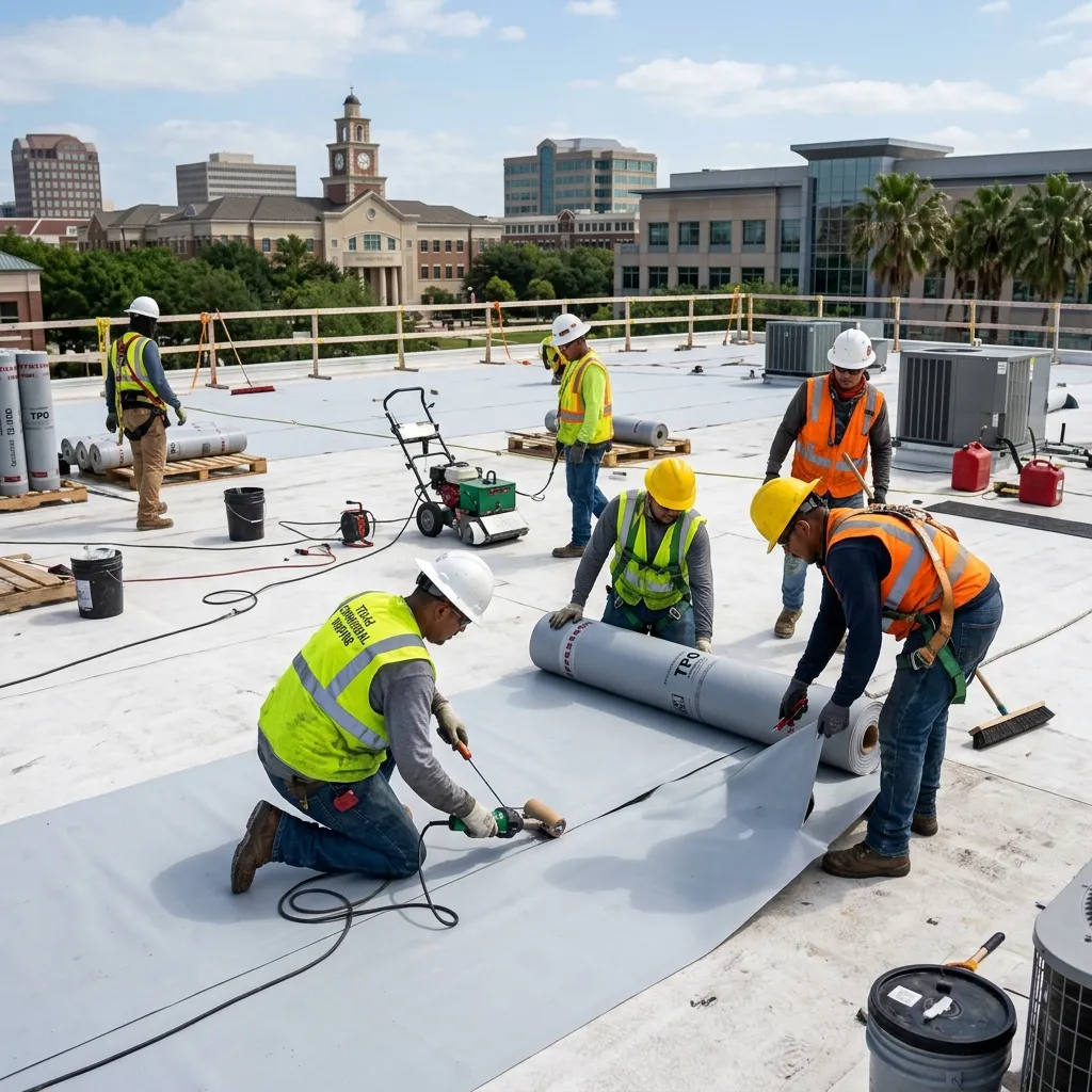 Commercial roofing crew installing a flat roof in Sugar Land, TX